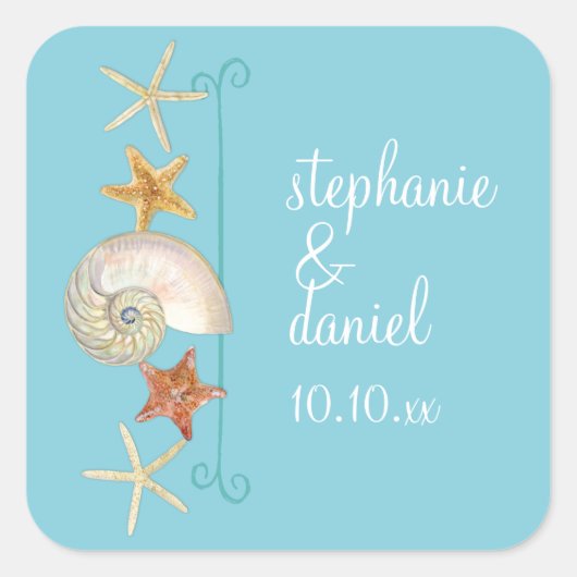 Tropisch strand Shells Starfish Nautilus Summer Vierkante Sticker (Voorkant)