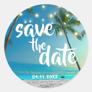Tropisch strand snoerlichten palmboom De datum Ronde Sticker