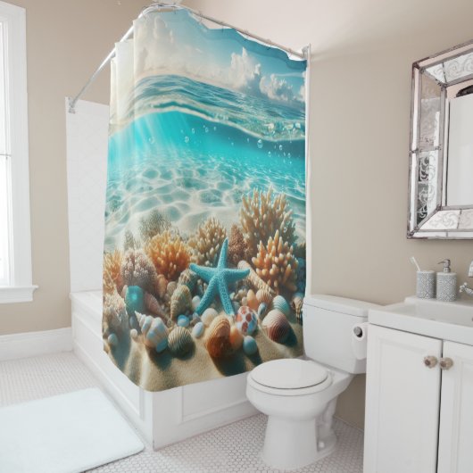 Tropisch strand Starfish Seashells Ocean Scene Douchegordijn (In situ)