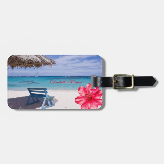 Tropisch strand, stoeltje, Hibiscus Bagagelabel (Voorkant horizontaal)