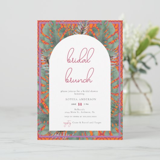 Tropisch strand Summer Fuchsia Bridal Brunch Kaart (Staand voorkant)