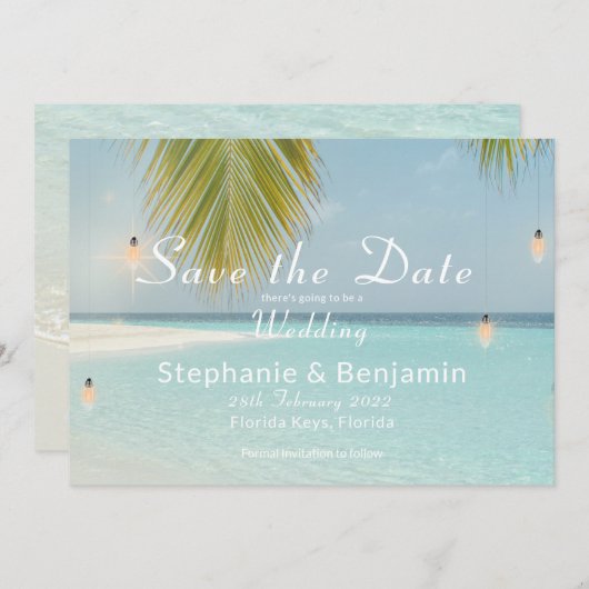 Tropisch strand Turquoise Palm Tree Weddenschap Save The Date (Voorkant / Achterkant)
