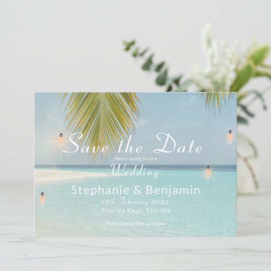 Tropisch strand Turquoise palmen trouwdag Save The Date (Staand voorkant)