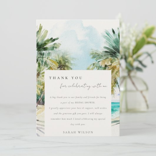 Tropisch strand watercolor palmbomen bruidsshower bedankkaart (Staand voorkant)