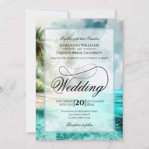 Tropisch strand waterverf fancy script bruiloft kaart