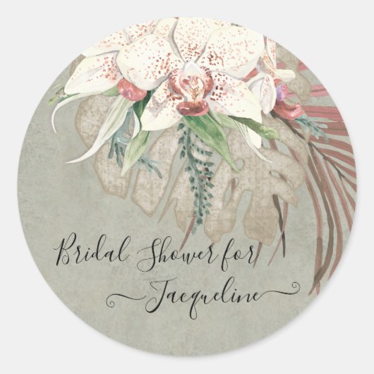 Tropisch strand Witte Orchidee Salie Bloemen Blad Ronde Sticker (Voorkant)