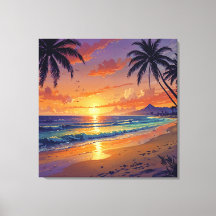 Tropisch Strand Zonsondergang - Illustratie Stijl