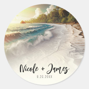 Tropisch strand zonsondergang rustieke kust bruilo ronde sticker