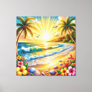Tropisch strand zonsopgang met palmbomen, golven canvas afdruk
