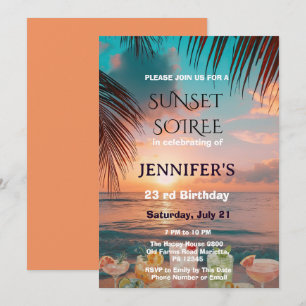 Tropisch strandfeest bij zonsondergang verjaardags kaart