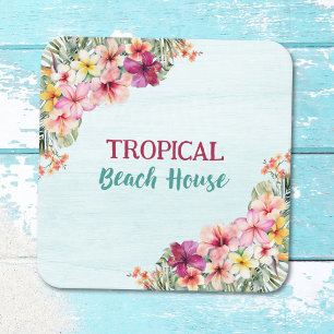 Tropisch Strandhuis Roze Bloemen Bloemrijk Botanis Vierkante Kartonnen Onderzetter