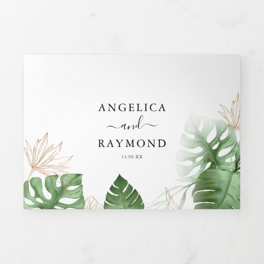 Tropisch strandloof en gouden elegante bruiloft drieluik uitnodiging (Cover)