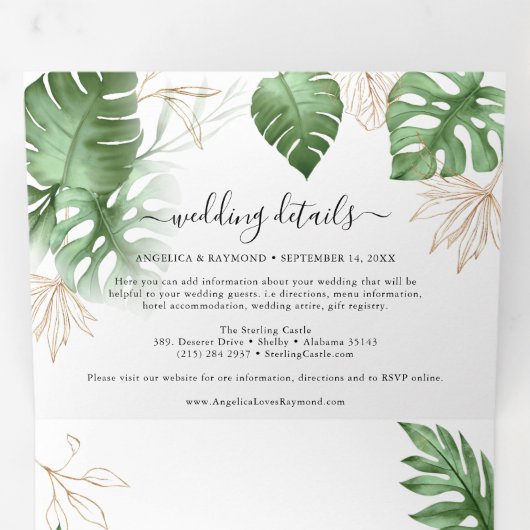 Tropisch strandloof en gouden elegante bruiloft drieluik uitnodiging (Binnenzijde eerst)
