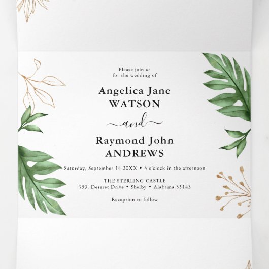 Tropisch strandloof en gouden elegante bruiloft drieluik uitnodiging (Binnenkant midden)