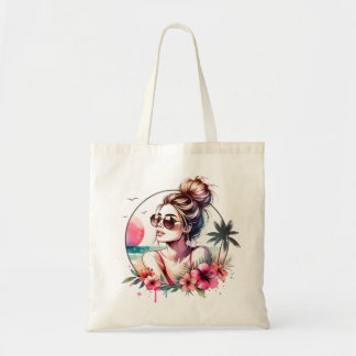 Tropisch strandmeisje aquarel tote bag