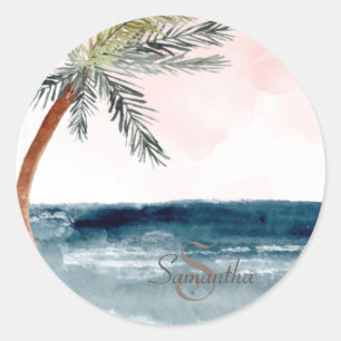 Tropisch strandpalm-monogram ronde sticker