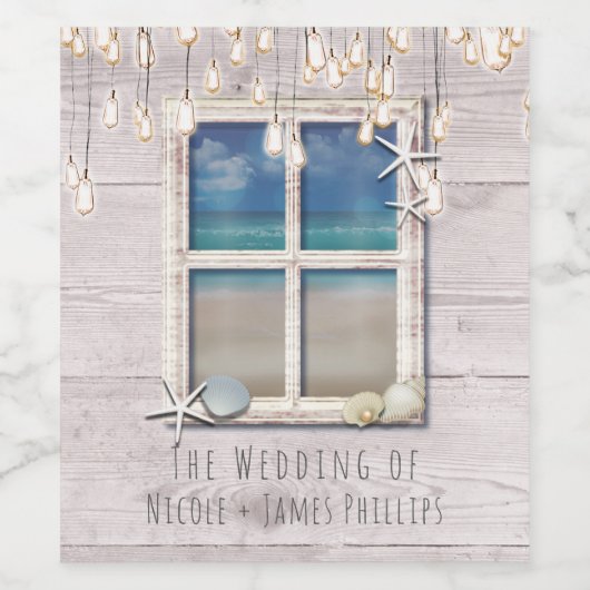 Tropisch strandraam wit hout kustbruiloft wijn etiket (Enkel label)