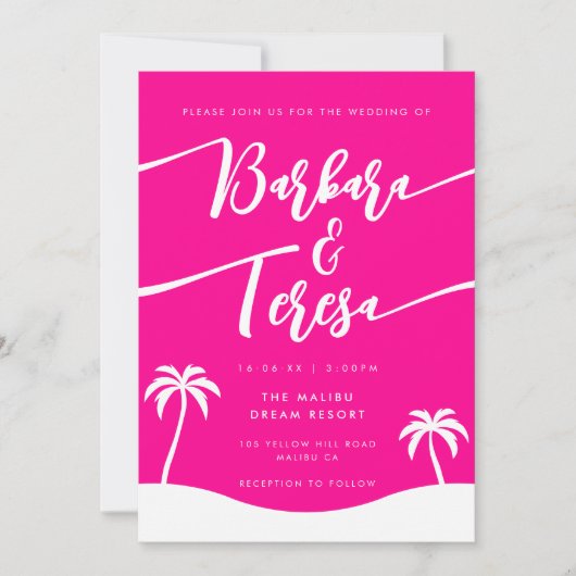Tropisch strandscript Hot Pink Lesbische bruiloft Kaart (Voorkant)