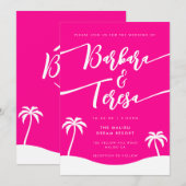 Tropisch strandscript Hot Pink Lesbische bruiloft Kaart (Voorkant / Achterkant)