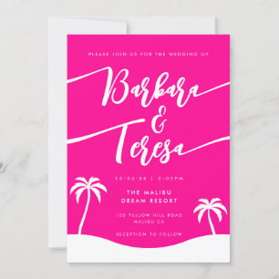 Tropisch strandscript Hot Pink Lesbische bruiloft Kaart