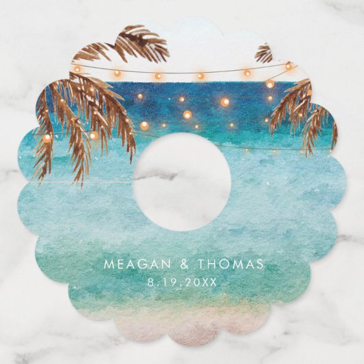 tropisch strandtafereel met palmbomen wijnglaslabel (Voorkant)