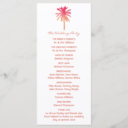 Tropisch Sunset Palm Tree Beach Weddenprogramma Programma (Achterkant)