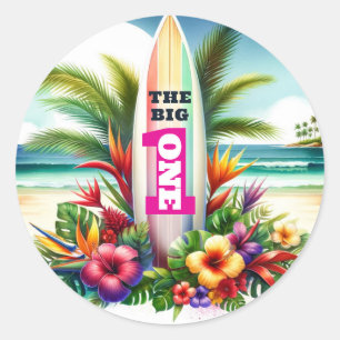 Tropisch Surfboard De Grote EEN 1e Verjaardagsfees Ronde Sticker