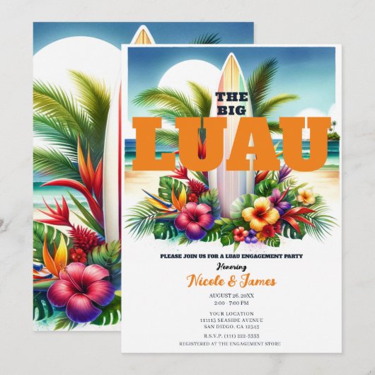 Tropisch Surfplank Zwembad Feest Luau Verloving Kaart (Voorkant / Achterkant)