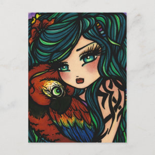 Tropisch Tattoo Parrot Mermaid Fantasy Art Girl Briefkaart