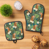 Tropisch Tiger Hawaiian Palm Oerwoud Blauwgroen Ovenwant & Pannenlap Set (Top down)