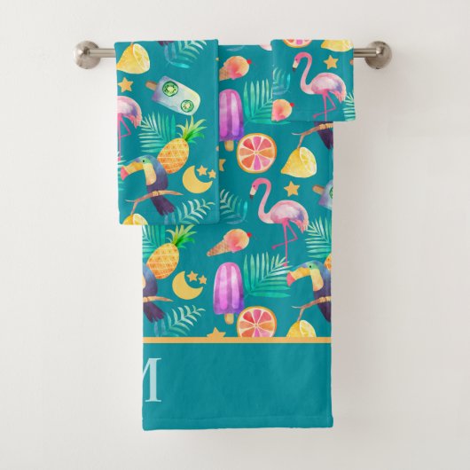 Tropisch Toucan Bird Pink Flamingo patroon Bad Handdoek (Insitu)