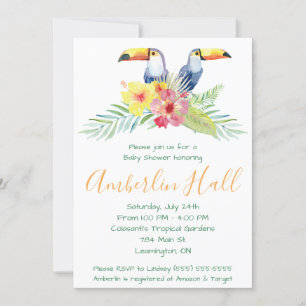 Tropisch toucan, hibiscus themed baby shower kaart