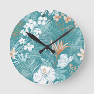 Tropisch Turquoise & Terracotta Hibiscus Bloemmoti Ronde Klok