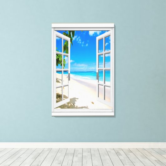 Tropisch Uitzicht voor strand Ocean Faux venster Canvas Afdruk (Insitu (Houten vloer))