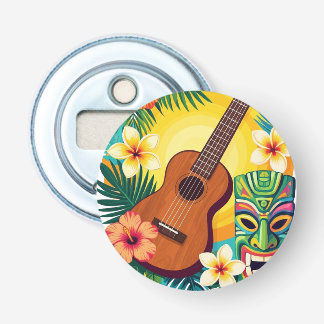 Tropisch Ukulele Tiki Luau Feest T-Shirt Button Flesopener