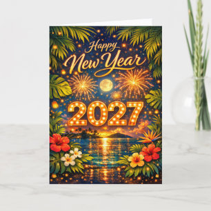 Tropisch Vuurwerk Zonsondergang Gelukkig Nieuwjaar Feestdagen Kaart