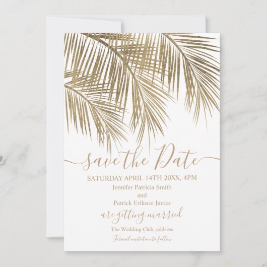 tropisch witte goudpalmboom, behalve de datum save the date (Voorkant)