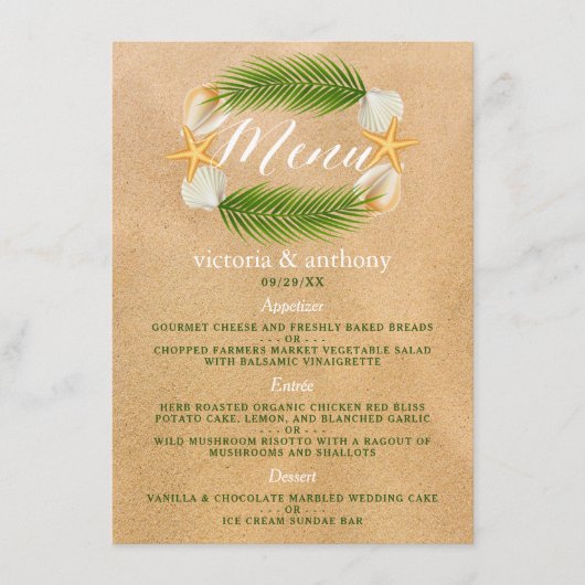 Tropisch Wreath Sandy Beach Wedding Menu (Voorkant)