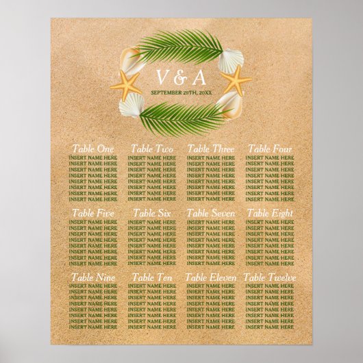 Tropisch Wreath Sandy Beach Wedding Seding Chart Poster (Voorkant)