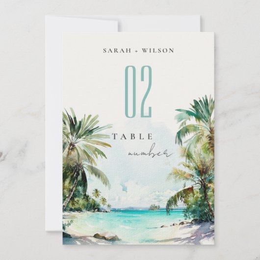 Tropisch Zand Strand Palm Tree Trouwtafel Nummer Kaart (Voorkant)