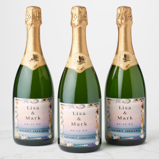 Tropisch zandstrand en zeeschellen Wijnlabels Sparkling Wijnetiket (Flessen)