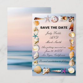 Tropisch zandstrand en zeeschelpen sparen de datum notitiekaartje