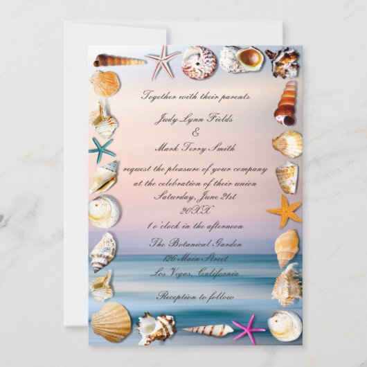 Tropisch zandstrand en zeeshells bruiloft kaart (Voorkant)