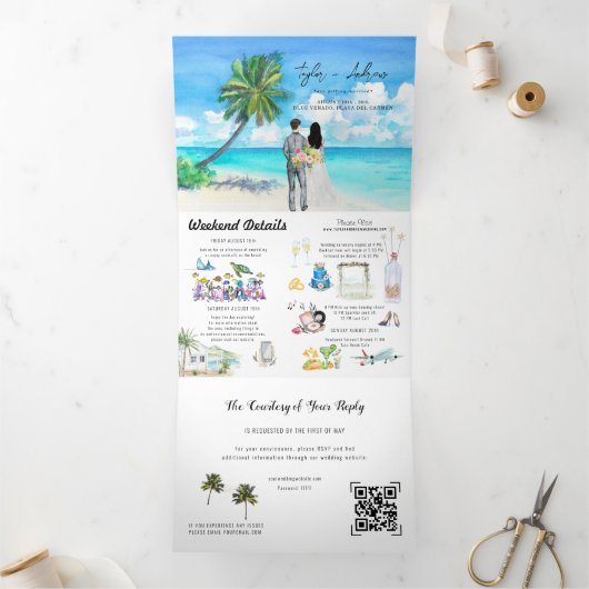 Tropisch zeestrand | Illustratief huwelijk Drieluik Uitnodiging (Binnen)