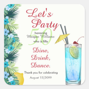 Tropisch Zomer Blauw Cocktail 50ste Verjaardagsfee Vierkante Sticker