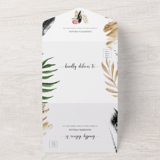 Tropisch zomergroen verlaat bruiloft met RSVP All In One Uitnodiging (Buitenkant)