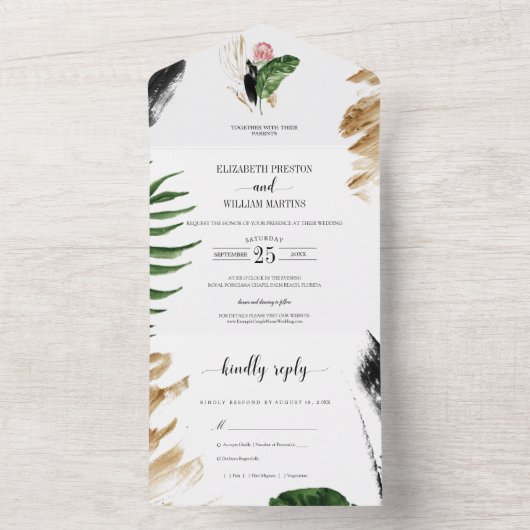 Tropisch zomergroen verlaat bruiloft met RSVP All In One Uitnodiging (Binnen)
