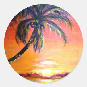 Tropisch zonsondergang, mooi kunstschilderij, ronde sticker