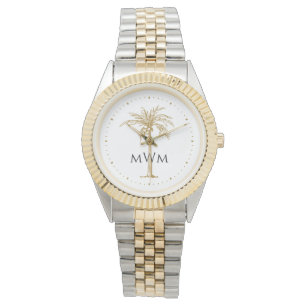 Tropisch zwart monogram artistieke Golden Palm Horloge