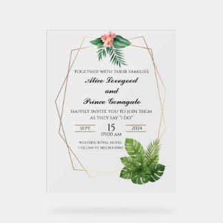 Tropische Acryl Trouwuitnodiging Gouden Frame Bord